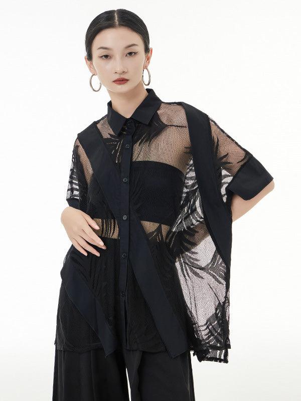 lovevop Stylish Loose Half Sleeves Buttoned Mesh Hollow See-Through Blouses&Shirts Tops