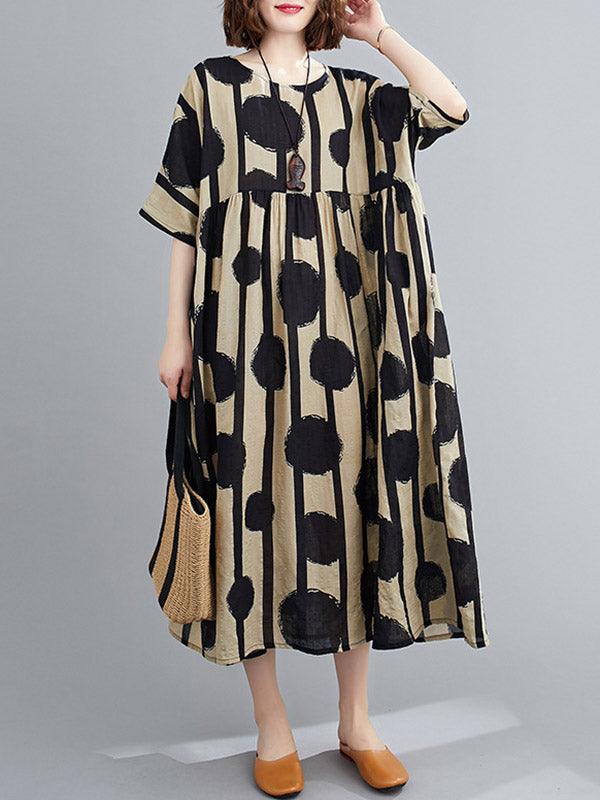 lovevop Original Polka-Dot Split-Joint Round-Neck Midi Dress