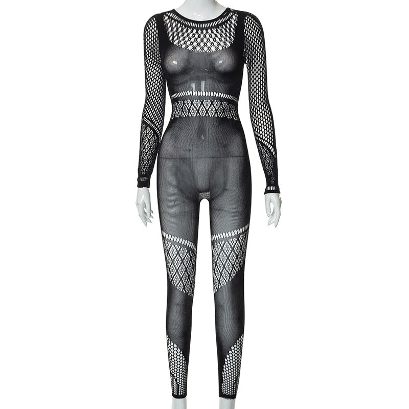 Black See Through Jumpsuits Sexy Holes Long Sleeve Bodycon Rompers Womens Jumpsuit Fall Winter Midnight Clubwear