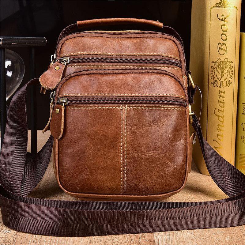 lovevop Men Genuine Leather Multi-pocket Vintage 6.3 Inch Phone Bag Crossbody Bags Shoulder Bag Handbag