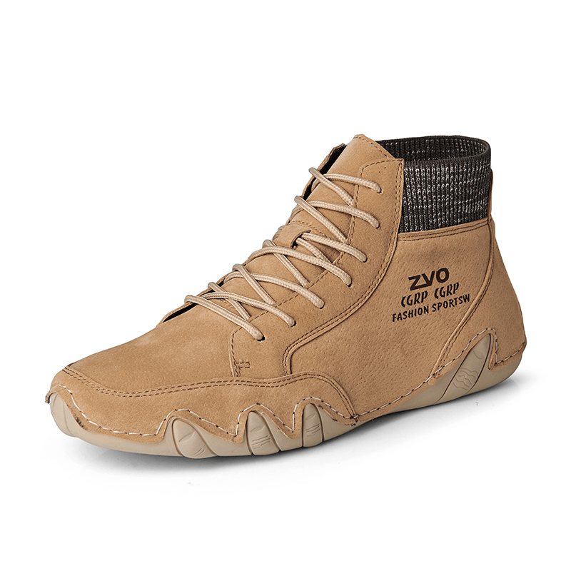 lovevop Men Hand Stitching Pigskin Leather Slip Resistant Casual Knitted Sock Boots