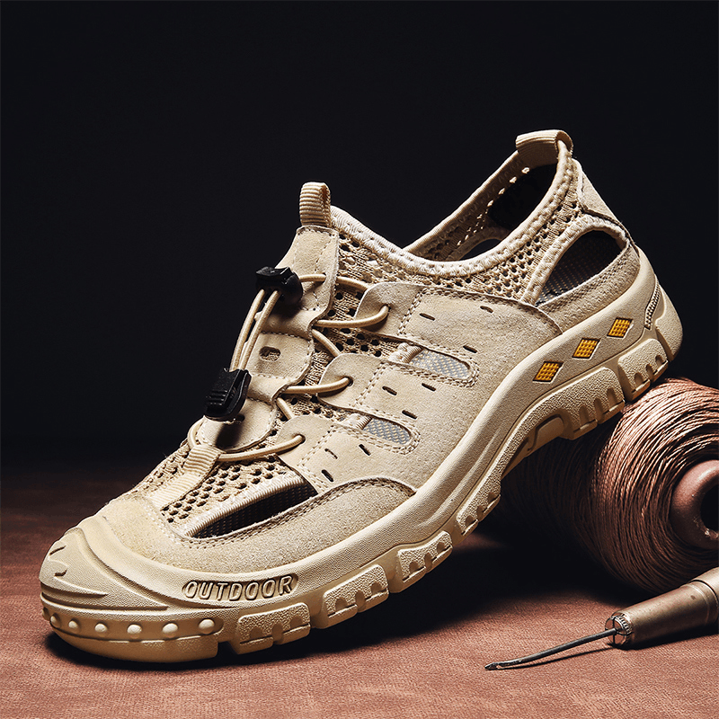 lovevop Men Leather Mesh Breathable Non Slip Soft Casual Outdoor Shoes