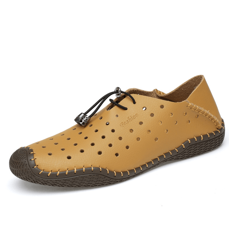 lovevop Men Leather Hand Stitching Breathable Hollow Out Soft Comfy Driving Casual Shoes