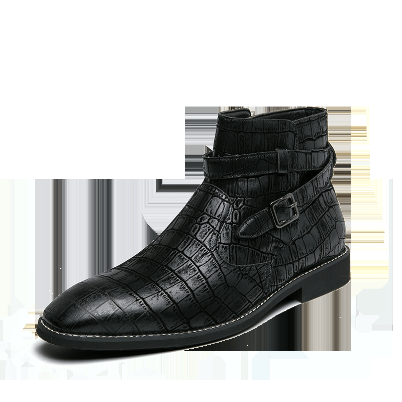 lovevop Men Fashion Comfy Embossed Leather Metal Buckle Strap Ankle Boots