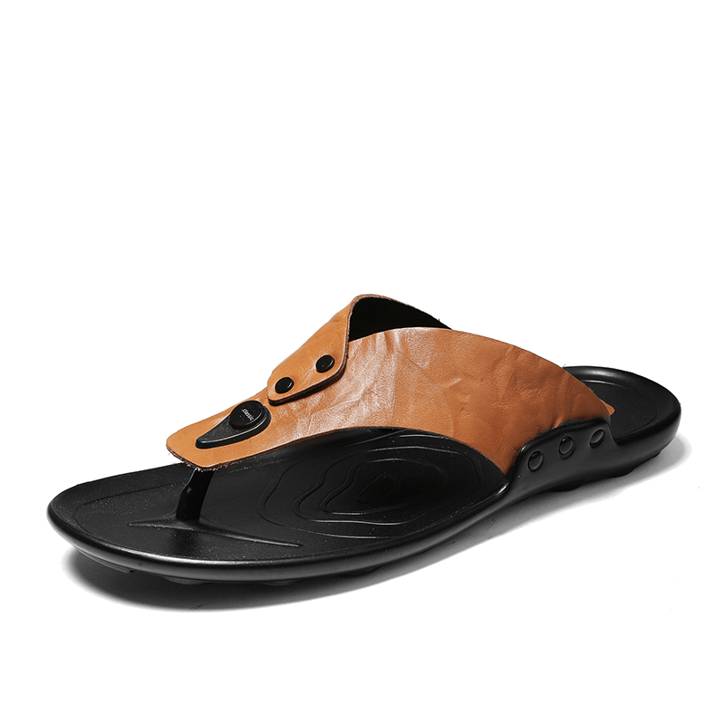 lovevop Men Leather Breathable Soft Sole Non Slip Comfy Outdoor Flip Flops Casual Slippers
