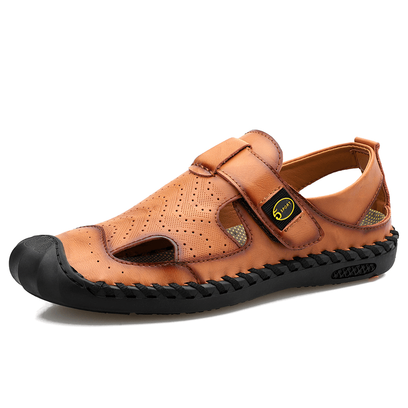 lovevop Men Cowhide Closed Toe Breathable Soft Casual Sandals