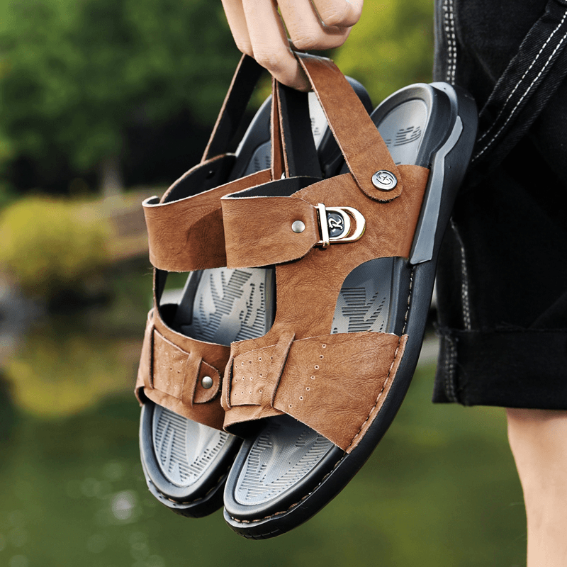 lovevop Men Microfiber Leather Two-Ways Breathable Soft Non-Slip Casual Outdoor Sandals