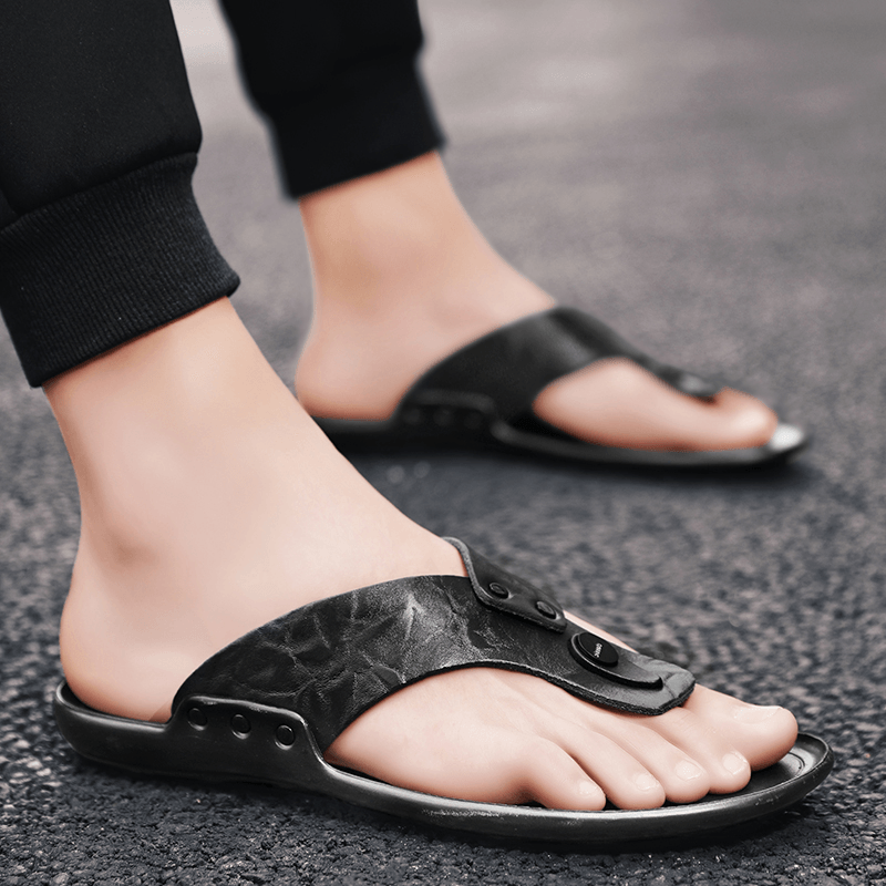 lovevop Men Leather Breathable Soft Sole Non Slip Comfy Outdoor Flip Flops Casual Slippers