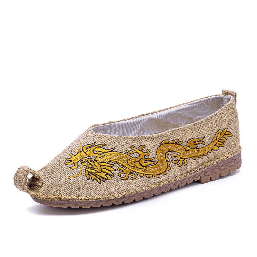 lovevop Men Breathable Non Slip Old Peking Dragon Embroidery Comfy Casual Linen Shoes