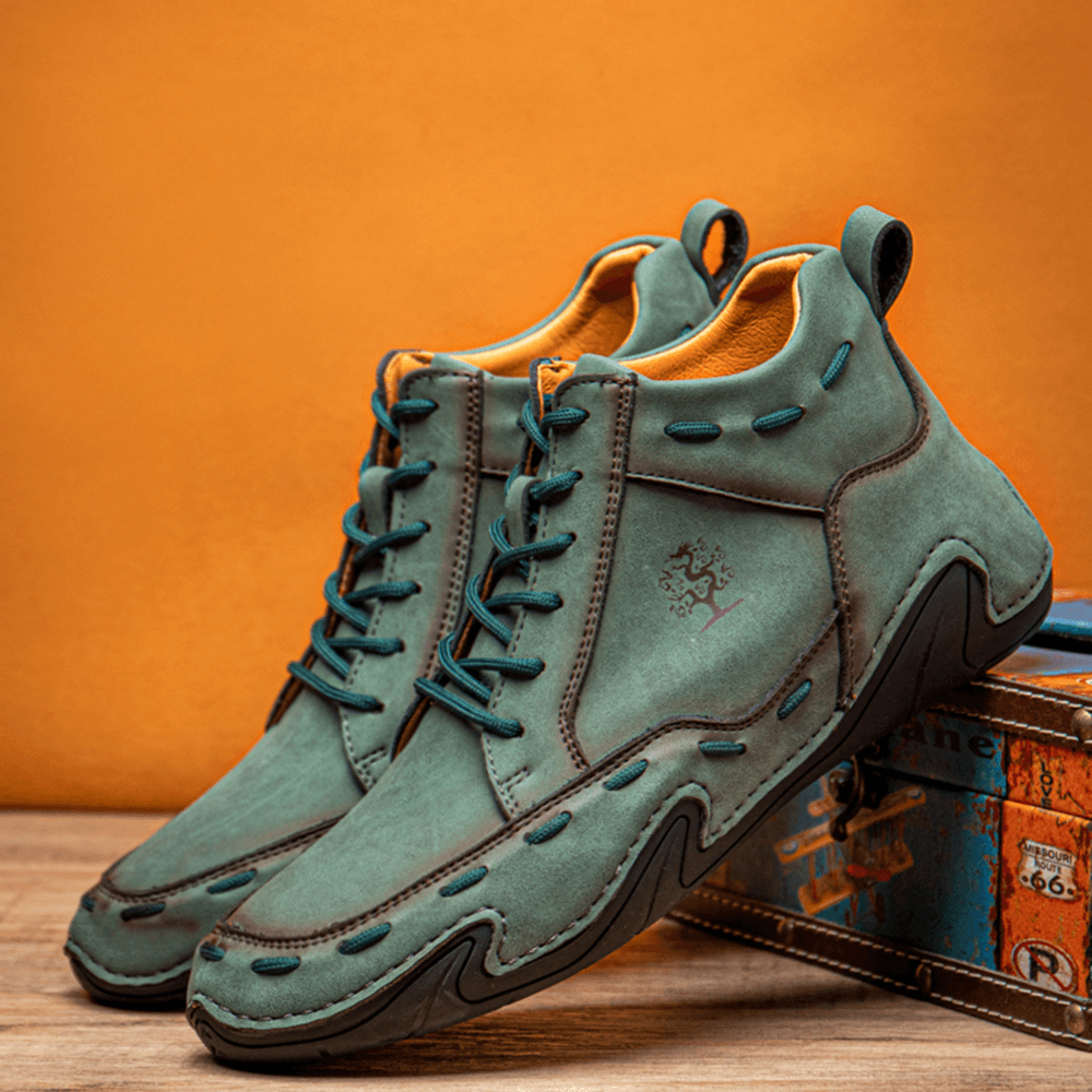 lovevop Men Retro Hand Stitching Leather Non Slip Soft Lace up Ankle Boots