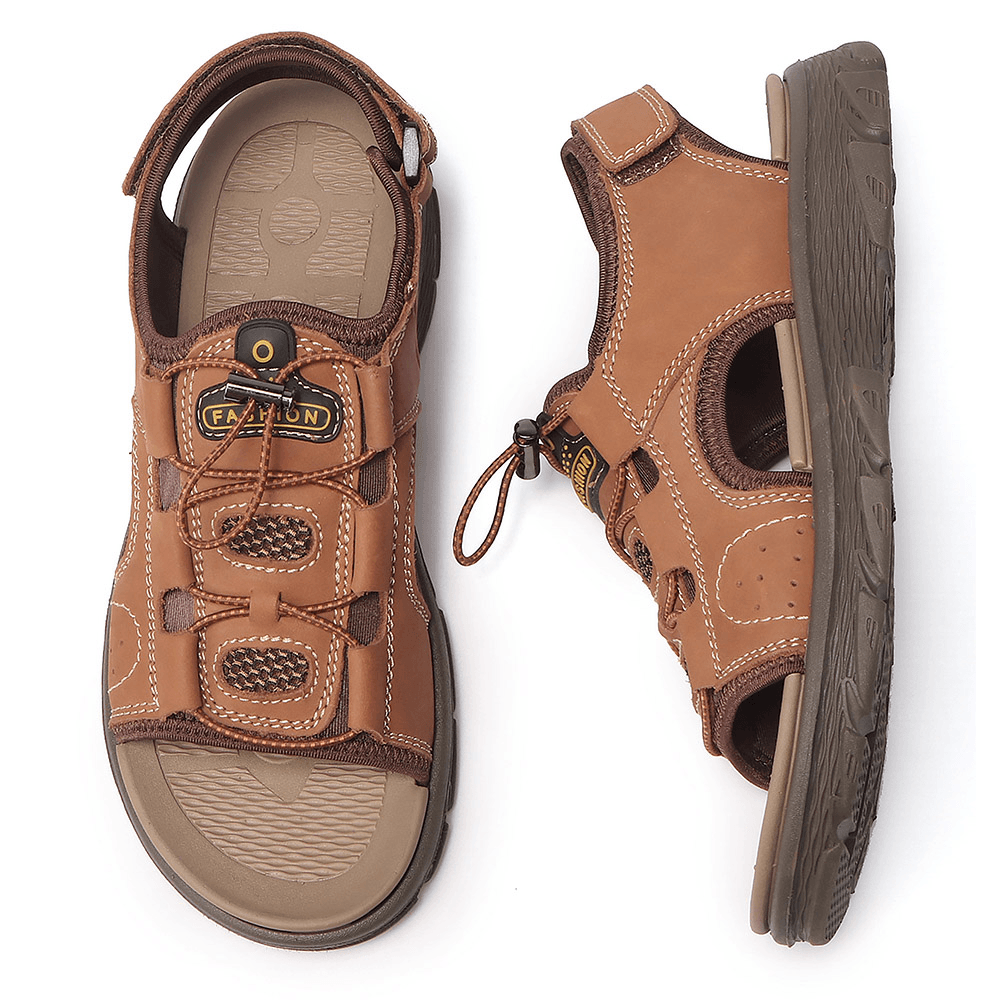 lovevop Men Genuine Leather Opened Breathable Non Slip Casual Outdoor Sandals