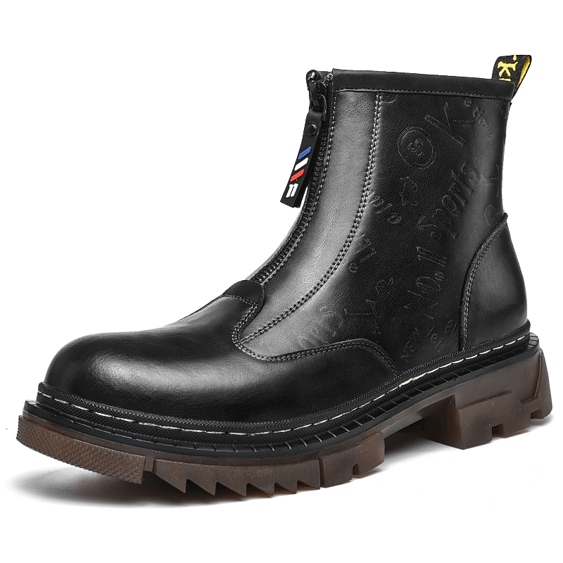 lovevop Men Cowhide Leather Non Slip Soft Sole Front Zipper Tooling Short Boots