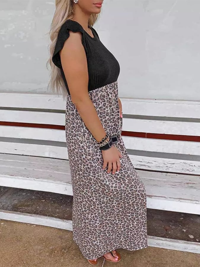 Fly Sleeve Color Block Leopard Print Crew Neck Dress