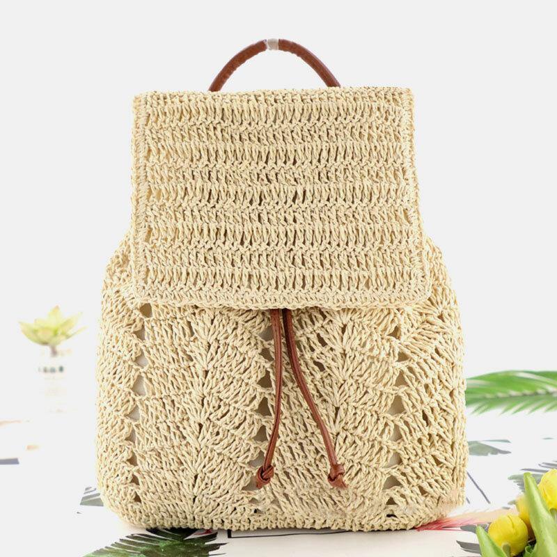 lovevop Women Mori Series String Straw Bag Dual-use Woven Bag Retro Beach Bag Backpack