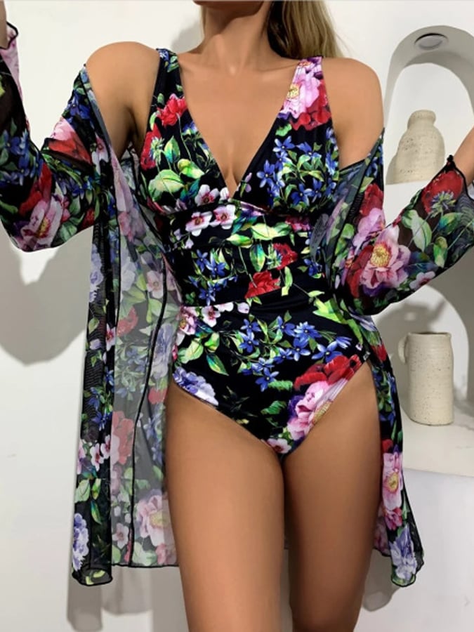 Women's Floral One-Piece Swimsuit Three-Piece Set