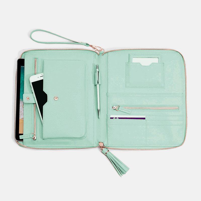 lovevop Women Leather Solid Color Multifunction Tassel 6 Card Slots Pen Phone Bag Clutch Bag