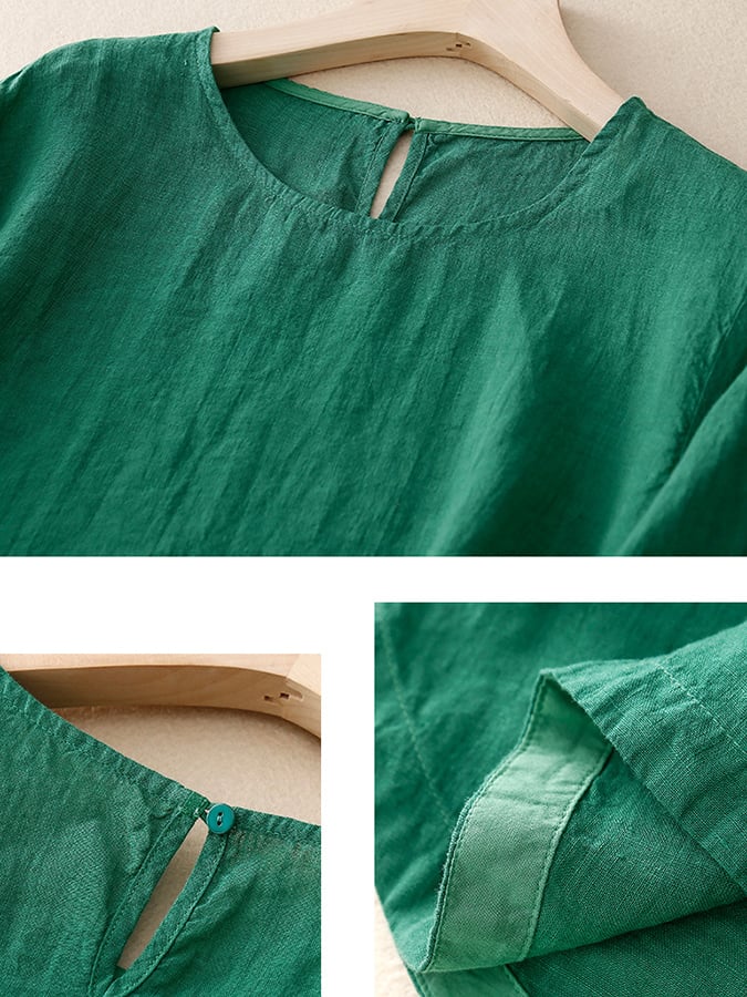 Lovevop Cotton Solid Color Round Neck Loose Casual Top