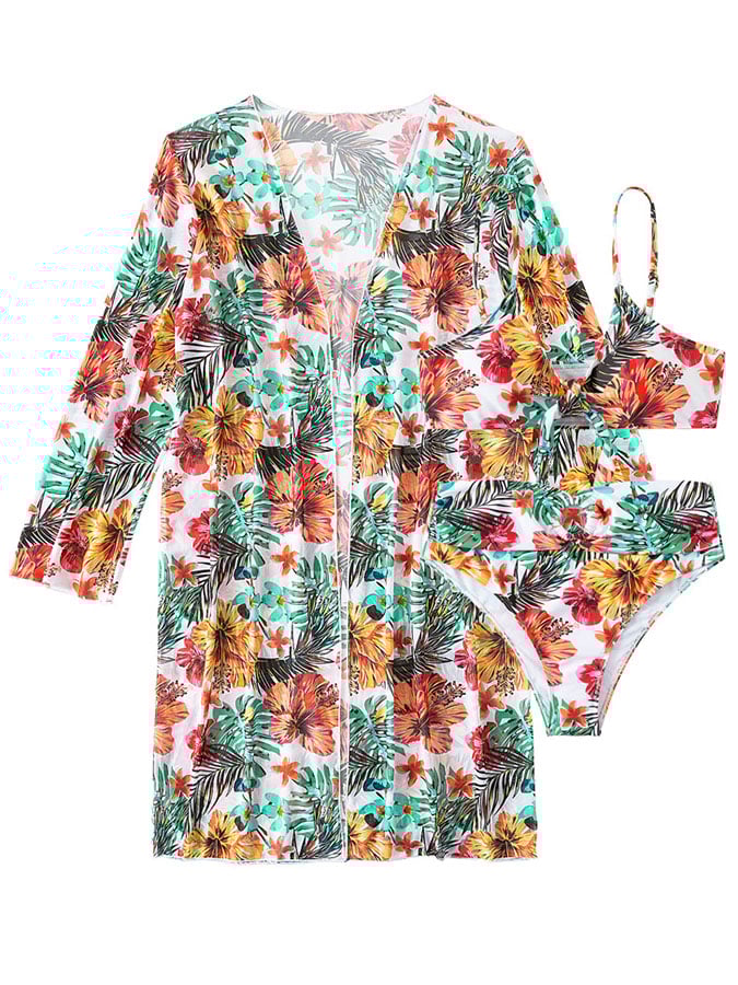 Three-Piece Floral-Print Strappy Swimsuit Set