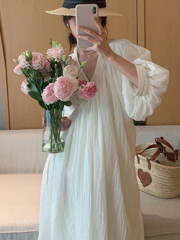lovevop V-neck Crossover Loose Puff Sleeve Dress