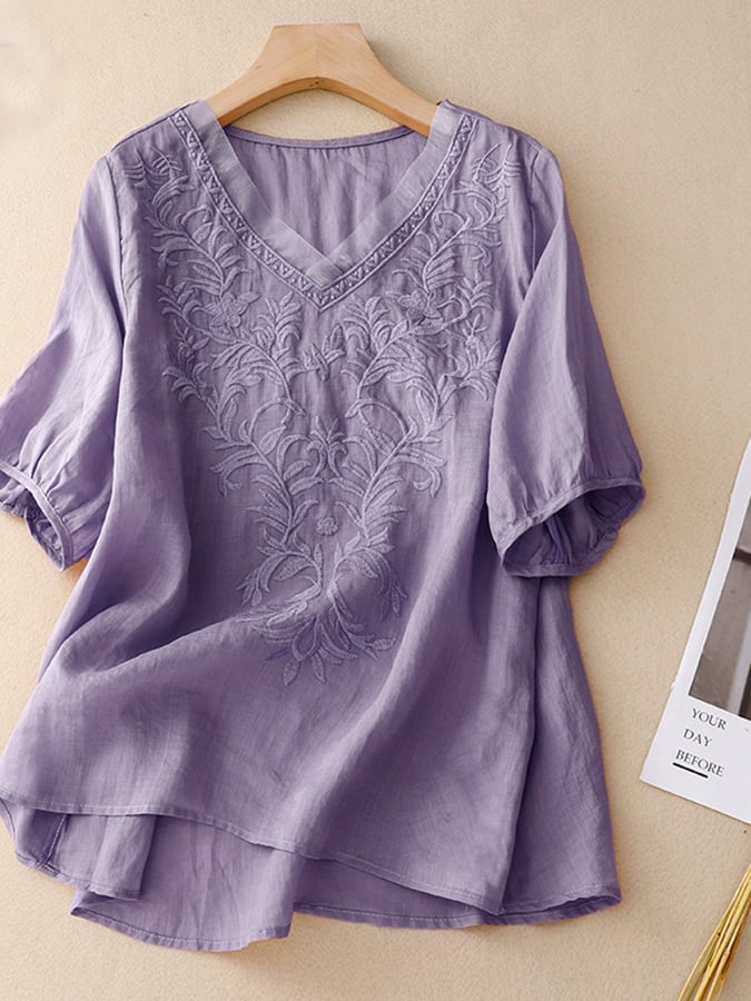 Lovevop Cotton Retro Embroidered Solid Color Shirt