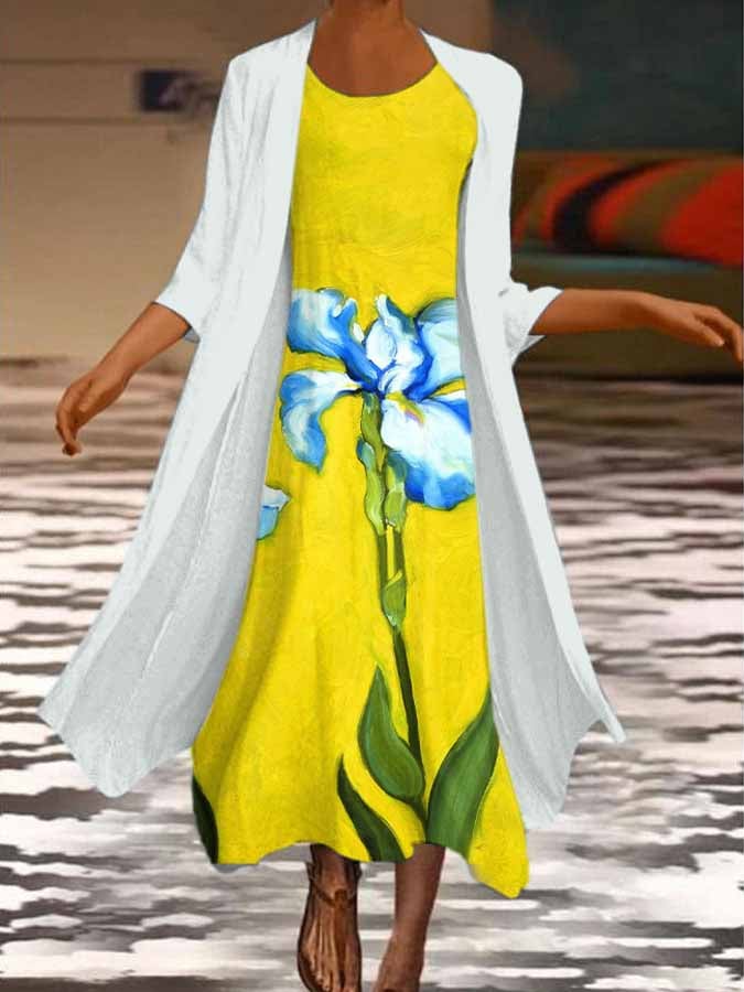 Women's Iris Oil Painting Print Two-Piece Dress