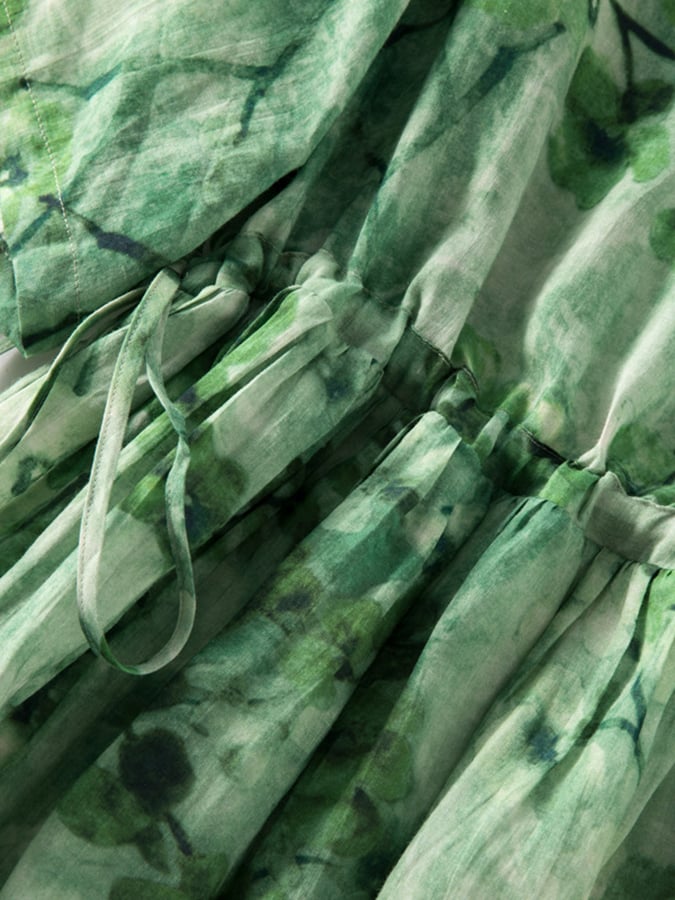Lovevop Literary Loose Cotton And Linen Printed Drawstring Waist Up Dress