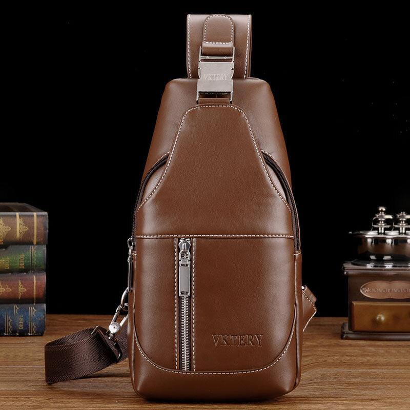 lovevop Men PU Leather Casual Multifunction Earphone Hole Crossbody Bag Chest Bag
