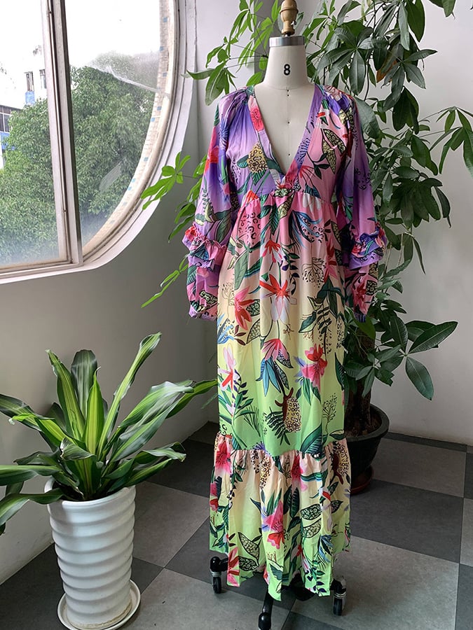 Gradient ruffled V-neck sexy slim long dress