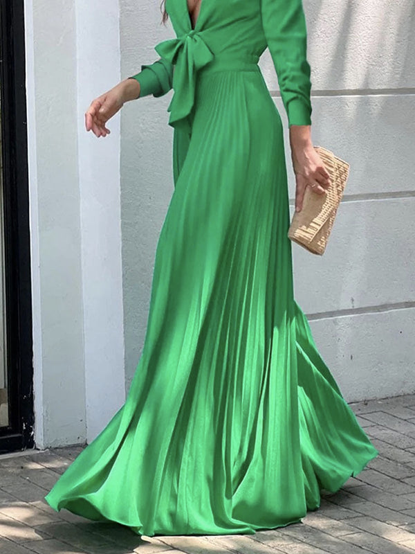 Love-vop - Simple Long Sleeves Lace-Up Pleated Solid Color Deep V-Neck Jumpsuits