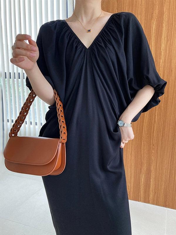 lovevop V-Neck Pleated Backless Doll Sleeve Dress