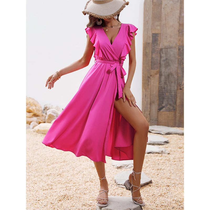Summer ruffle V-neck lace-up split dress