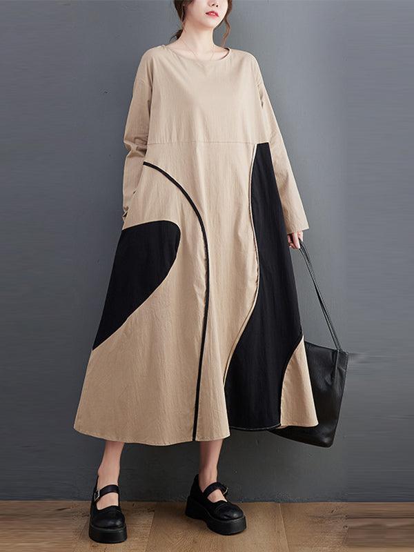lovevop Casual Long Sleeves Loose Contrast Color Printed Round-Neck Midi Dresses