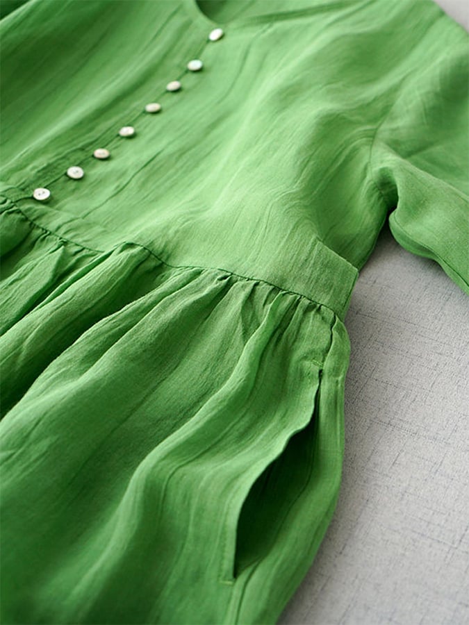 Literary And Retro Cotton And Linen V-neck Half-sleeved Dress