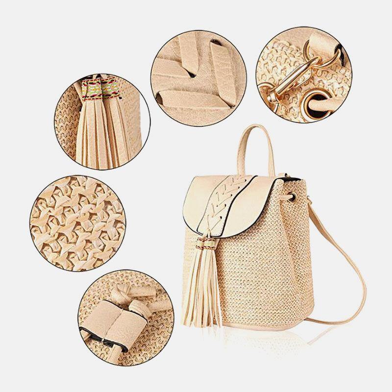 lovevop Women Tassel Straw Bag Retro Beach Bag Backpack Bucket Bag