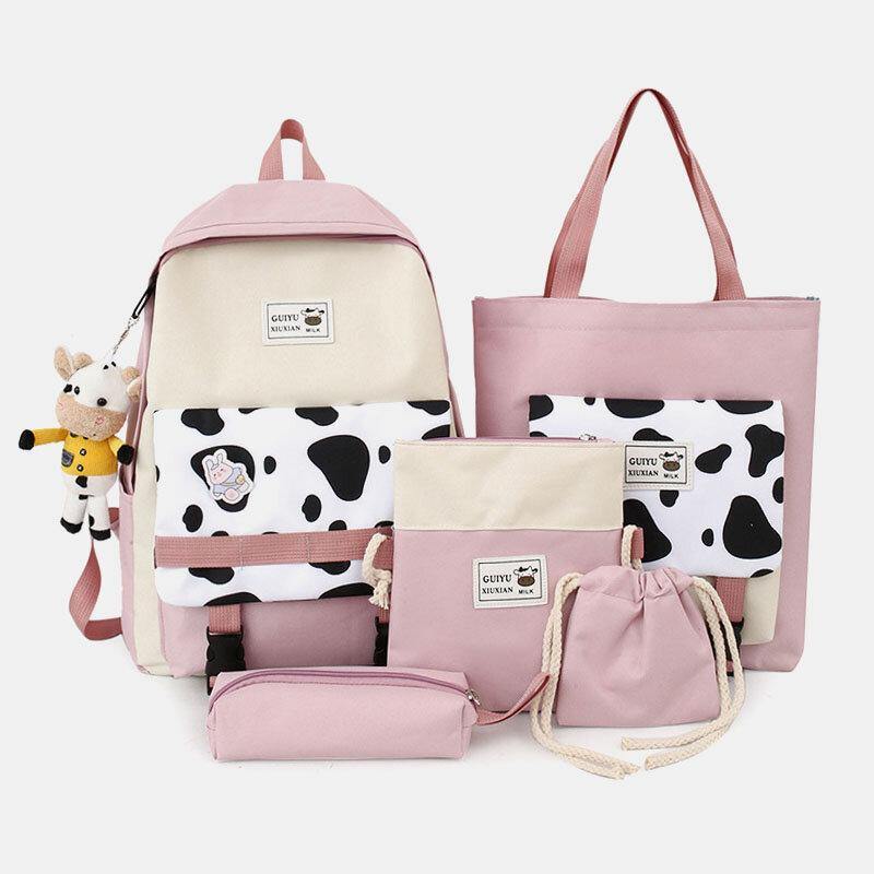lovevop 5 PCS Canvas Preppy Cow Pattern Multifunction Combination Bag Backpack Tote Crossbody Bag Clutch Wallet