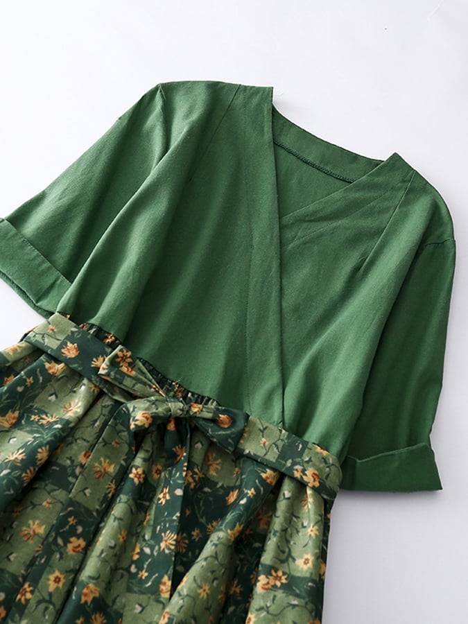 Lovevop Cotton And Linen Waistband Printed Floral Dress