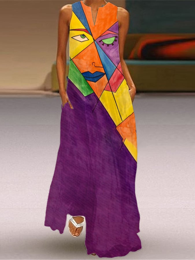 Women's Vintage Abstract Face Print V-Neck Casual Dress