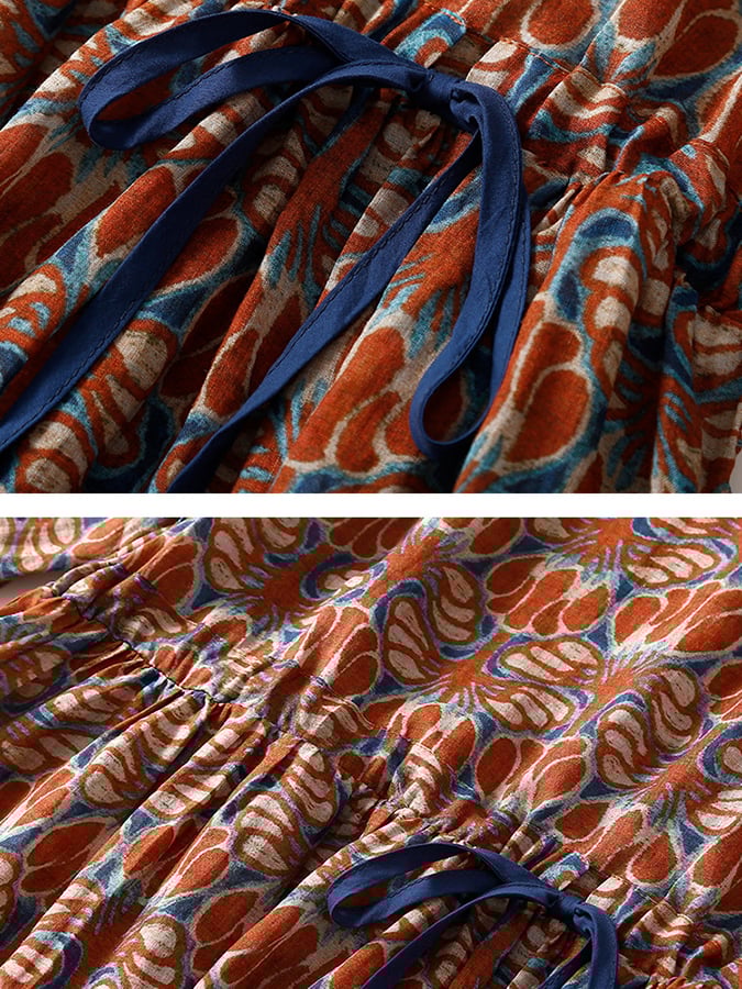 Lovevop Cotton Linen High Waist Lace Up Dress With Large Swing Style Dress