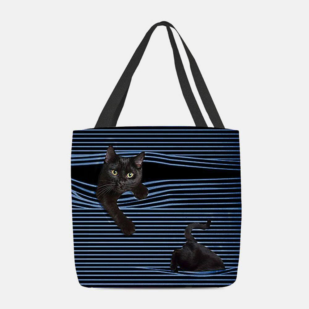 lovevop Women Felt Cute 3D Three-dimensional Black Cat Stripes Pattern Shoulder Bag Handbag Tote