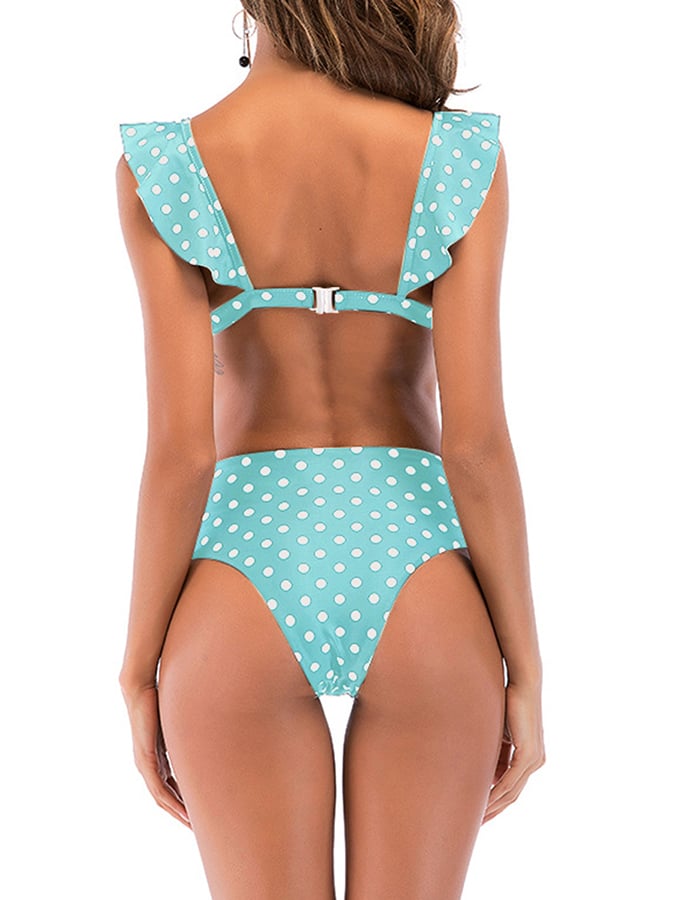 Women'S Ruffled Polka Dot Print Deep V2 Piece Bikini