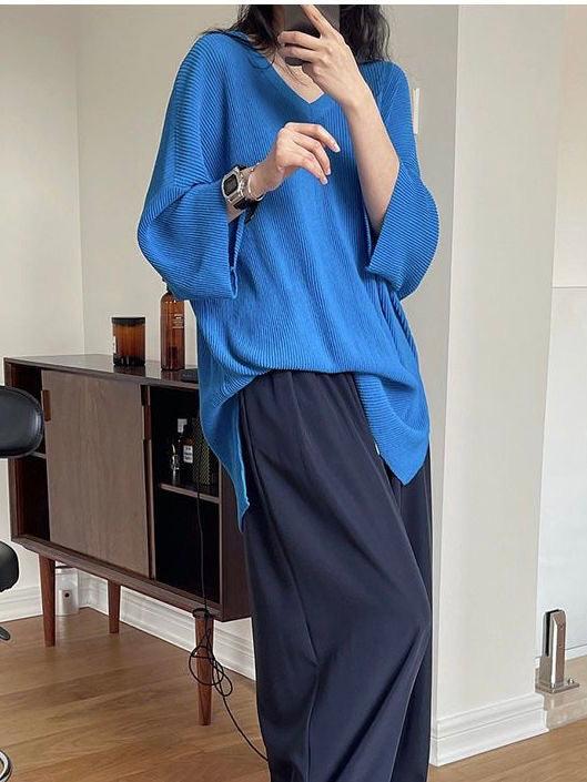 lovevop V-neck Loose Ice Silk Knitted T-shirt