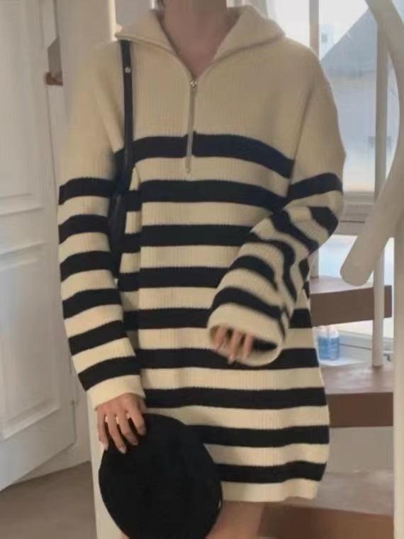 lovevop Vintage Half-Zip Striped Loose Long-Sleeve Knit Dress
