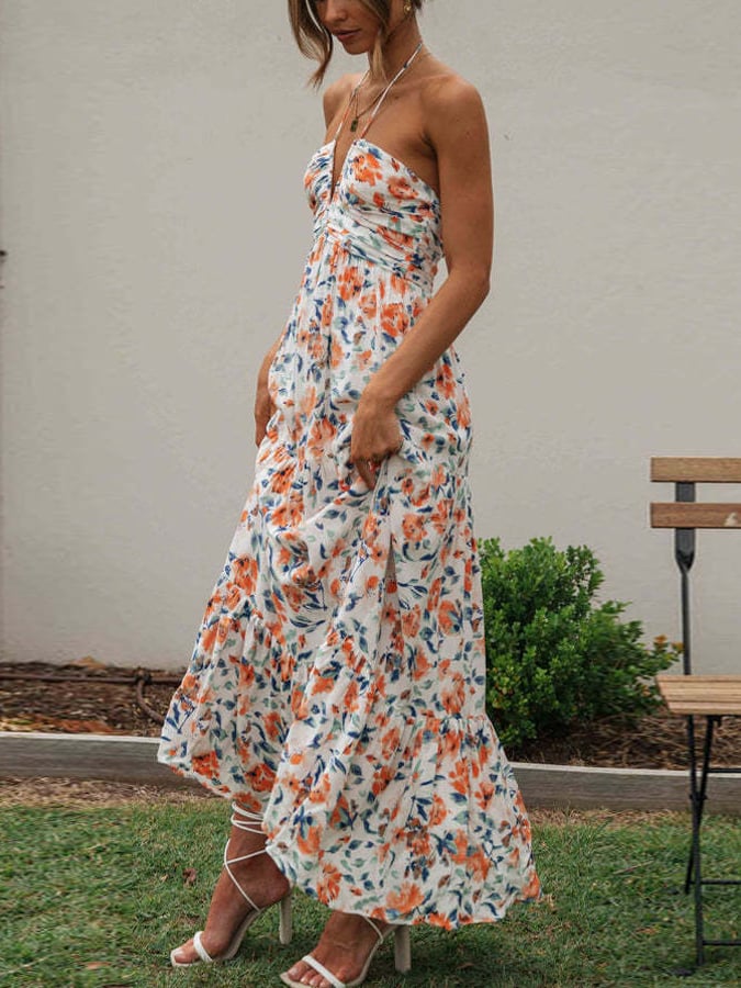 Women'S Halter Neckline Bust Cutout Floral Print Flowy Dress