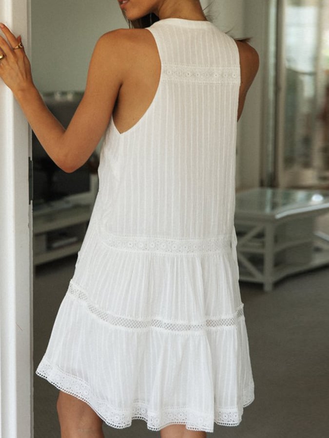 Holiday Skirt Lace Stitching Stand Collar Button Dress