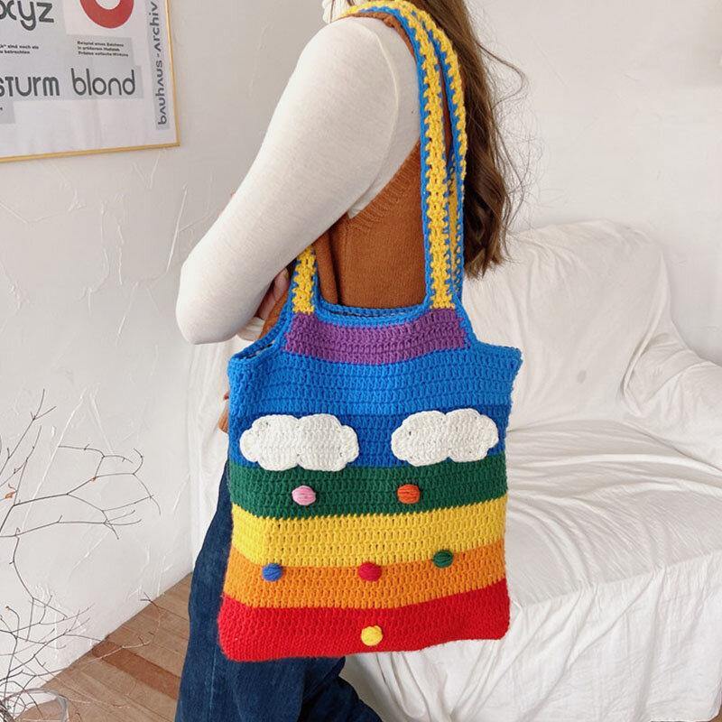 lovevop Women Rainbow Stripe Cartoon Cute Casual Youth Wool Knitted Bag Handbag Tote Crossbody Bag