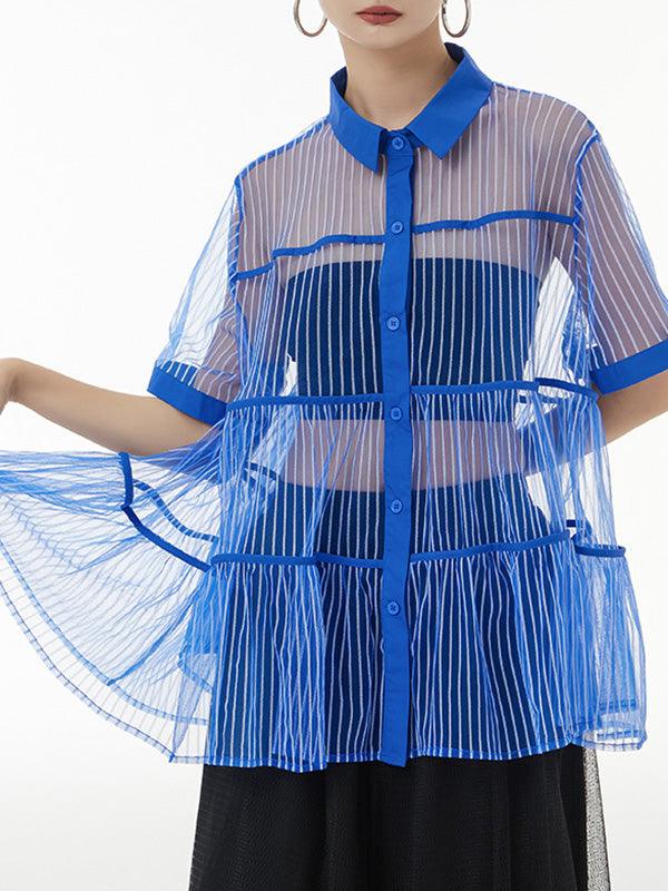 lovevop Original Short Sleeves Loose Buttoned Mesh Pleated Solid Color Blouses&Shirts Tops