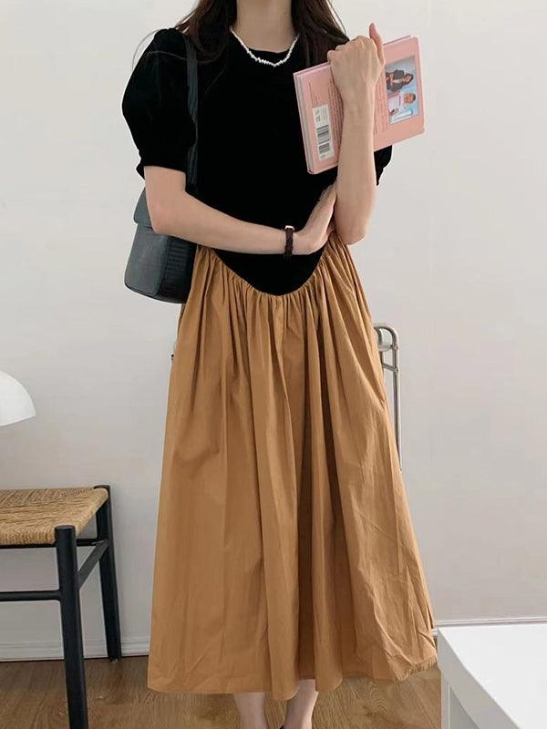 lovevop Vintage Crew Neck Puff Sleeve Irregular Pleated Dress