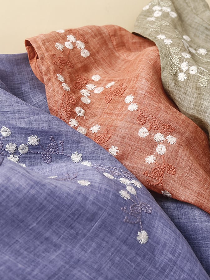 Cotton And Linen Embroidery Loose Retro Mid Sleeve Dress