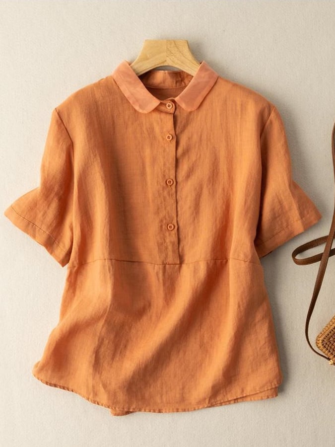 Lovevop Cotton Solid Color Artistic Retro Loose Short Sleeve Shirt