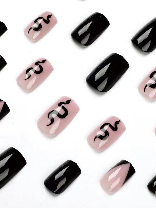 lovevop Black Pink Color Snake Printing False Nails
